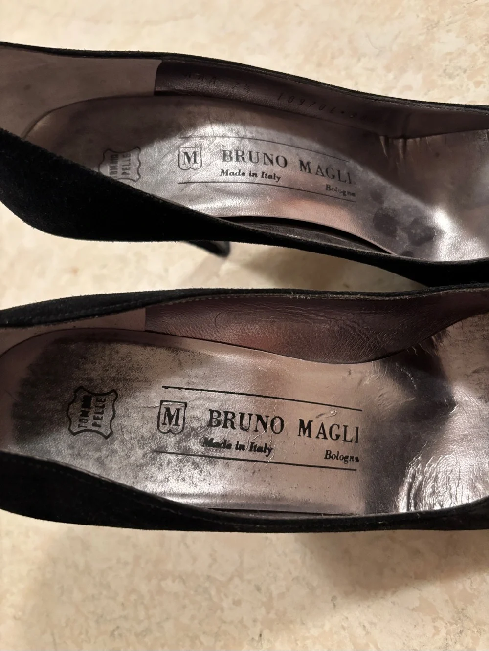 Bruno Magli Black Suede Pumps with Silver Snakeskin Pointed Toe